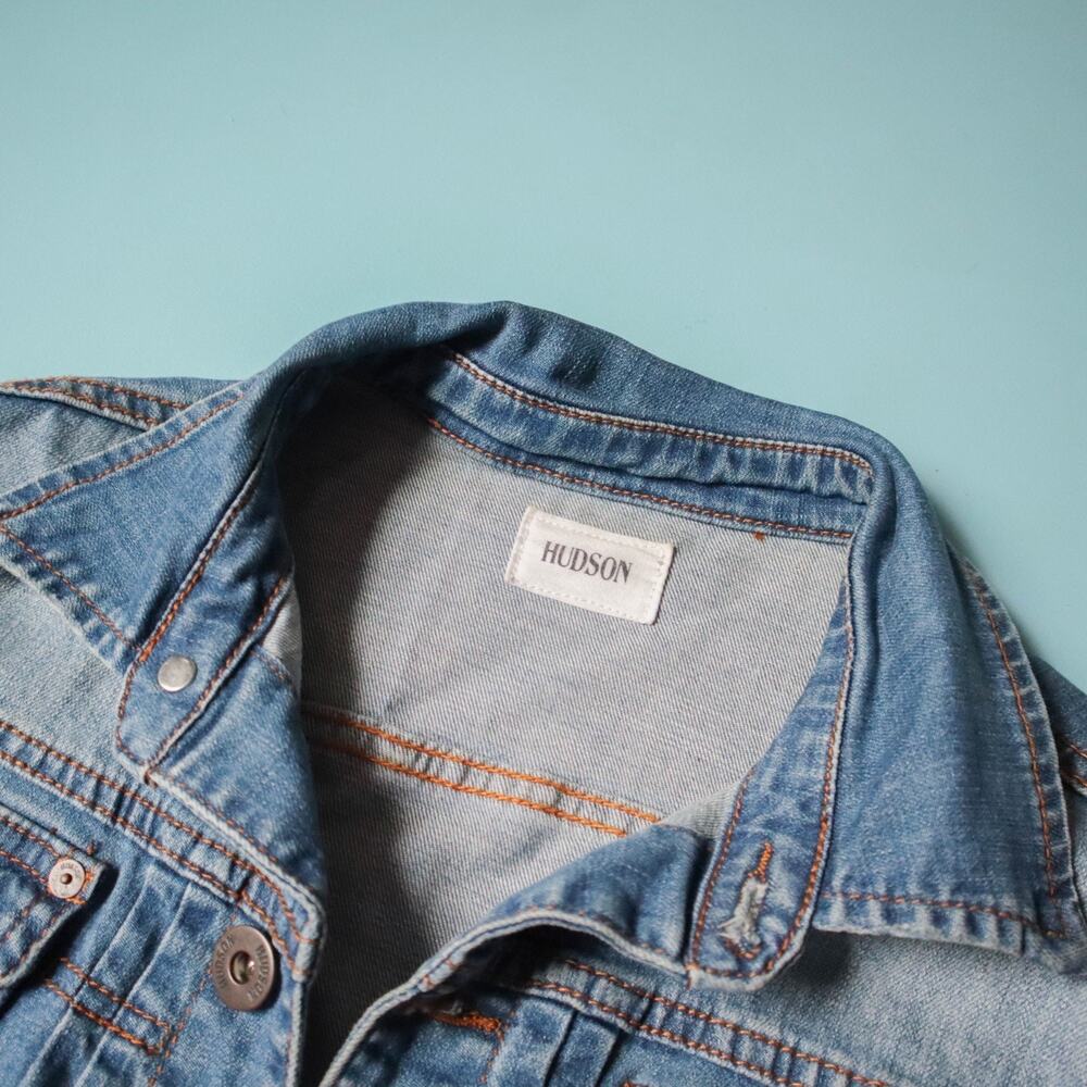 Hudson Y2K Distressed Elbow Patch Jean Denim Jacket Womens Small Casual Basic - Picture 3 of 8